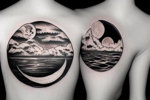 River, clouds, and a moon in a circle tattoo idea