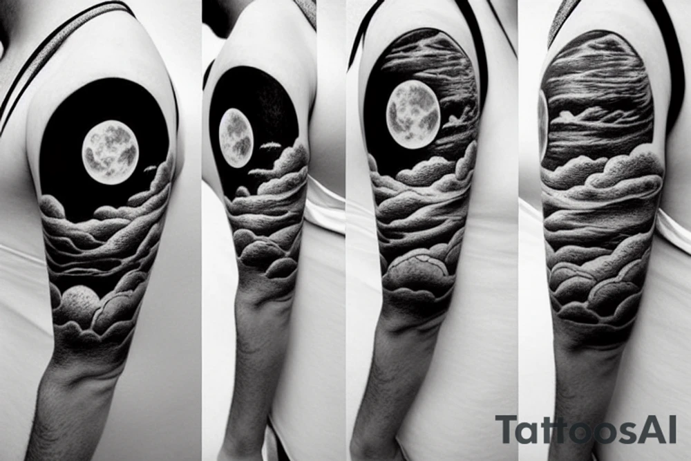 River, clouds, and a moon in a circle tattoo idea