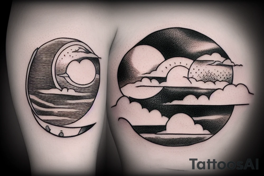River, clouds, and a moon in a circle tattoo idea