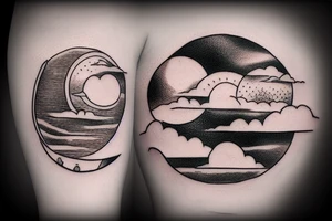 River, clouds, and a moon in a circle tattoo idea