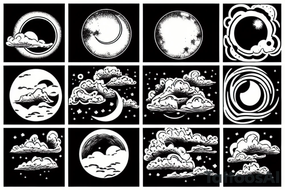 River, clouds, and a moon in a circle tattoo idea