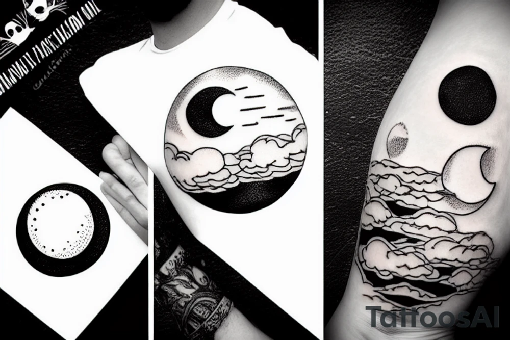 River, clouds, and a moon in a circle tattoo idea