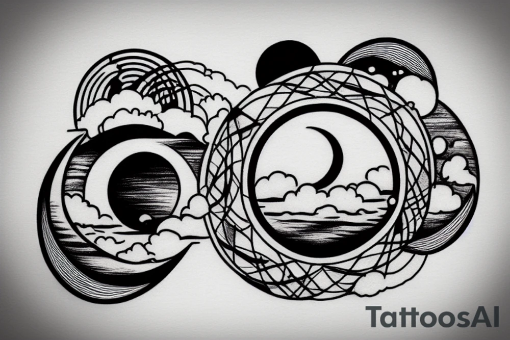 River, clouds, and a moon in a circle tattoo idea