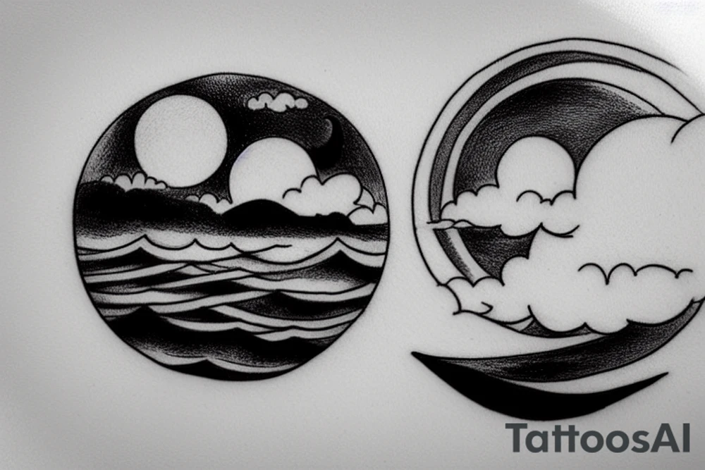 River, clouds, and a moon in a circle tattoo idea