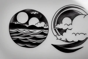 River, clouds, and a moon in a circle tattoo idea