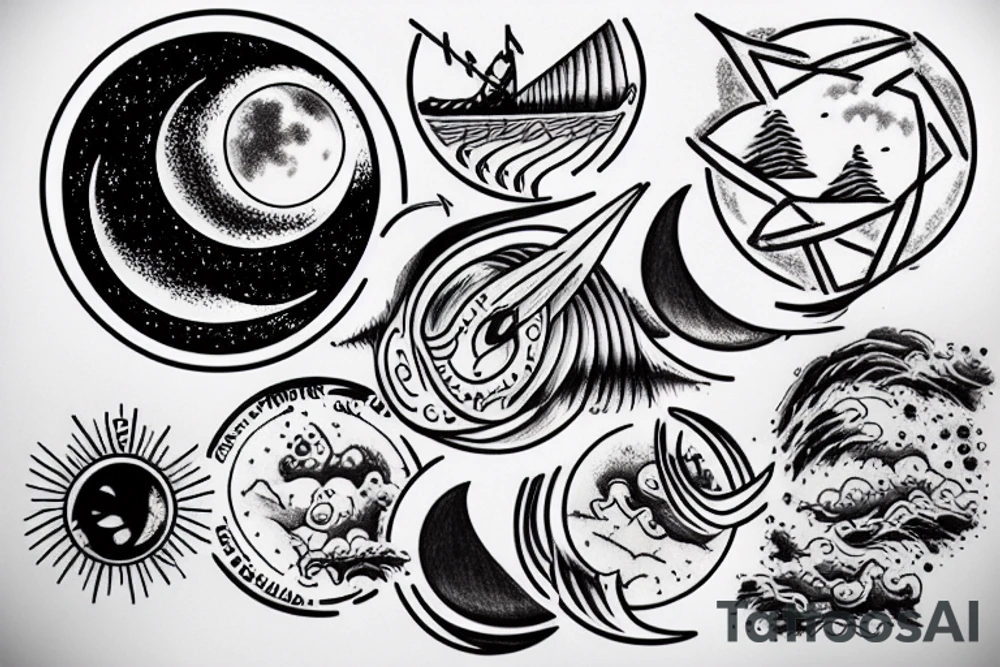 River, clouds, and a moon in a circle tattoo idea
