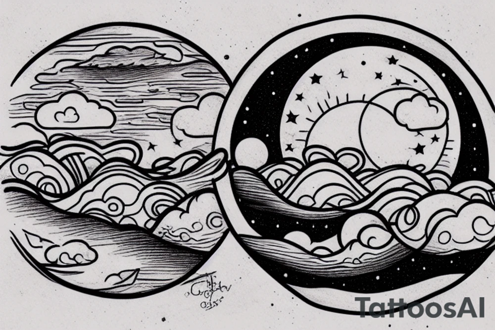 River, clouds, and a moon in a circle tattoo idea