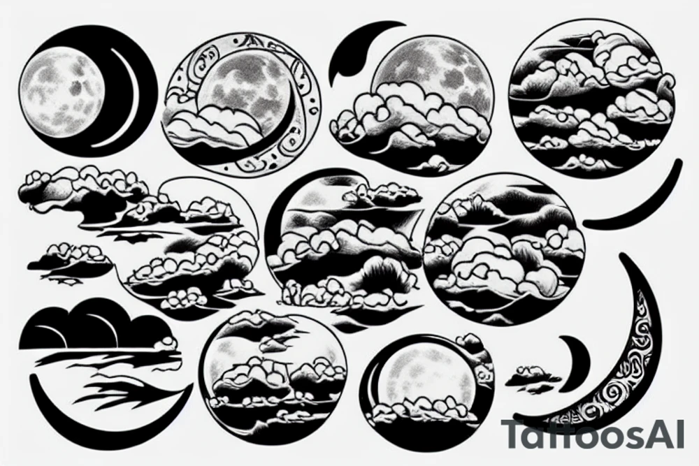 River, clouds, and a moon in a circle tattoo idea