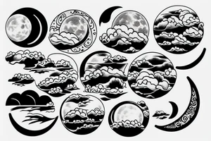River, clouds, and a moon in a circle tattoo idea
