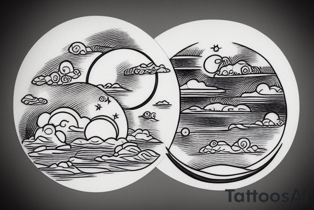 River flowing into clouds and a moon in a circle tattoo idea