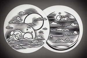 River flowing into clouds and a moon in a circle tattoo idea