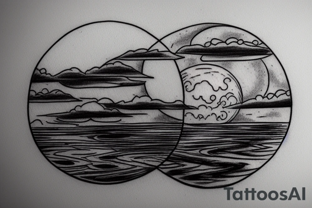 River flowing into clouds and a moon in a circle tattoo idea