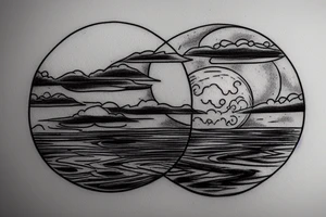River flowing into clouds and a moon in a circle tattoo idea