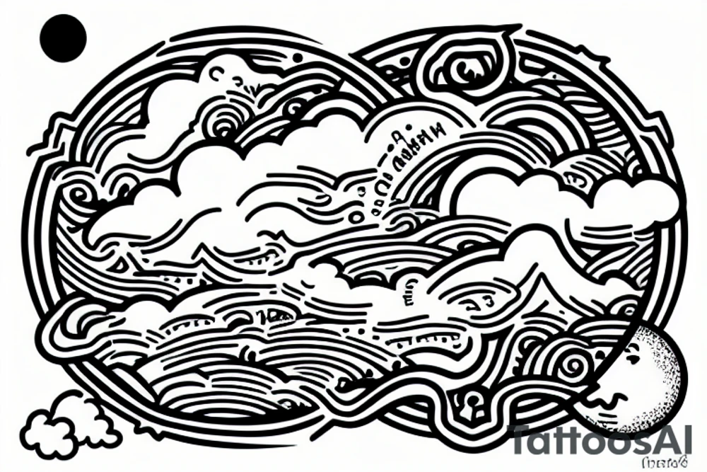 River flowing into clouds and a moon in a circle tattoo idea