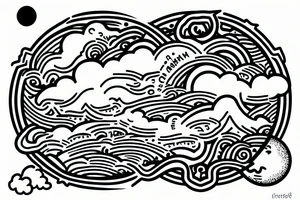 River flowing into clouds and a moon in a circle tattoo idea
