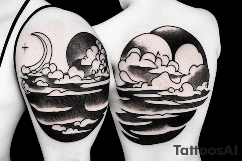 River flowing into clouds and a moon in a circle tattoo idea
