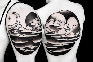 River flowing into clouds and a moon in a circle tattoo idea