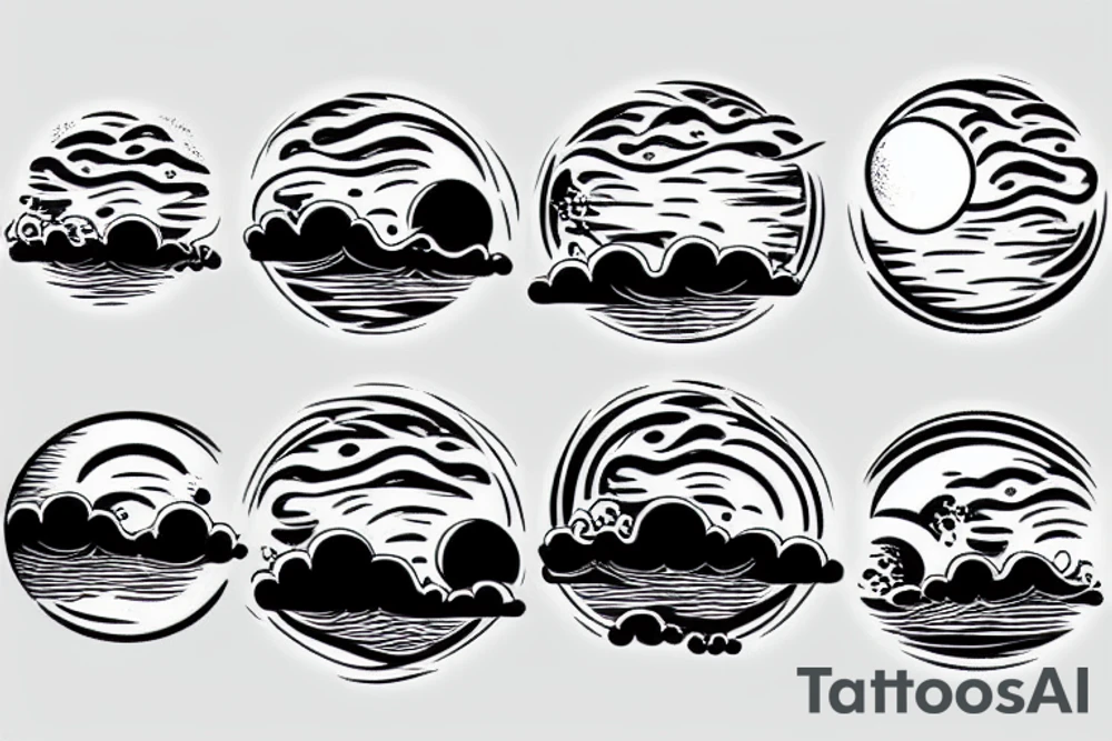 River flowing into clouds and a moon in a circle tattoo idea