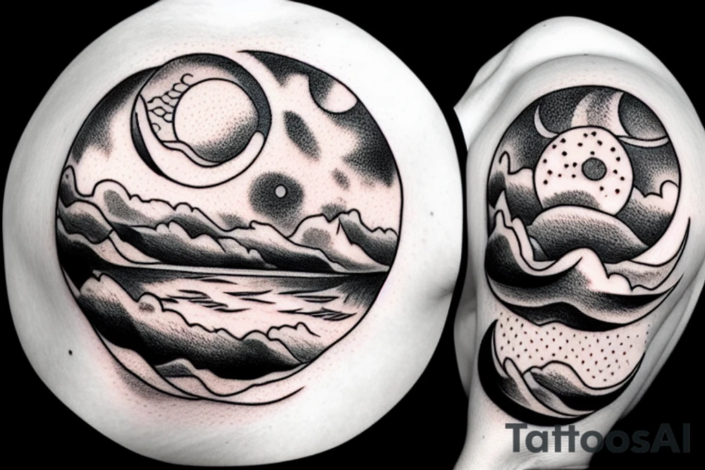 River flowing into clouds and a moon in a circle tattoo idea
