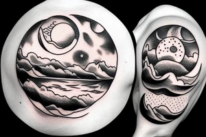 River flowing into clouds and a moon in a circle tattoo idea