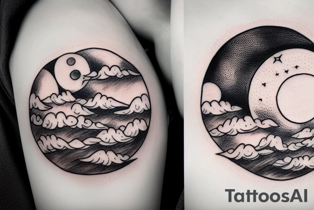 River flowing into clouds and a moon in a circle tattoo idea