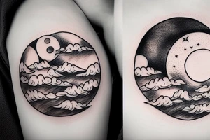 River flowing into clouds and a moon in a circle tattoo idea