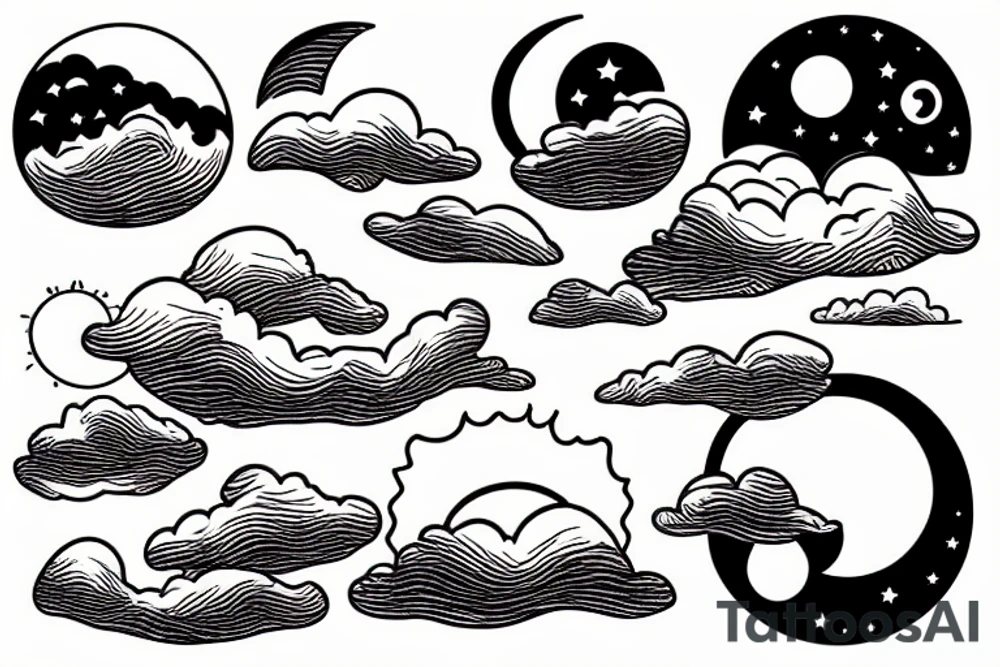 River flowing into clouds and a moon in a circle, small minimalist tattoo tattoo idea
