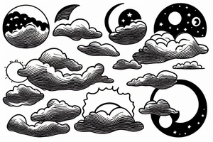 River flowing into clouds and a moon in a circle, small minimalist tattoo tattoo idea