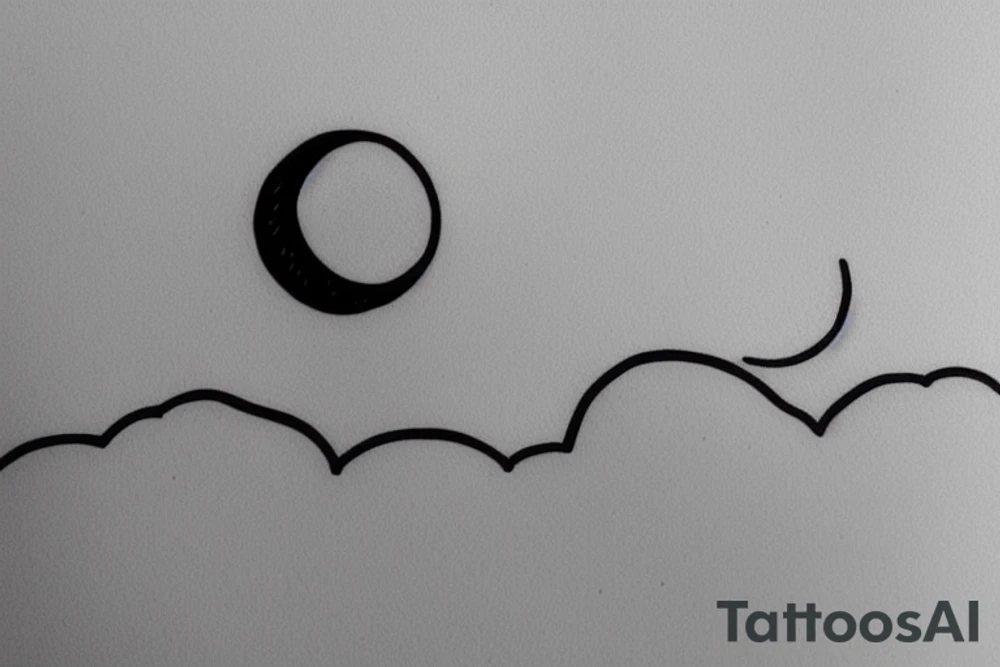 River flowing into clouds and a moon in a circle, small minimalist tattoo tattoo idea