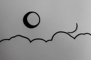 River flowing into clouds and a moon in a circle, small minimalist tattoo tattoo idea