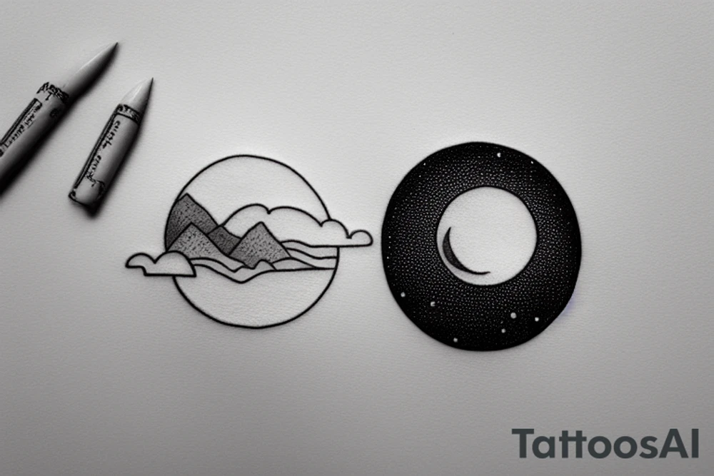 River flowing into clouds and a moon in a circle, small minimalist tattoo tattoo idea
