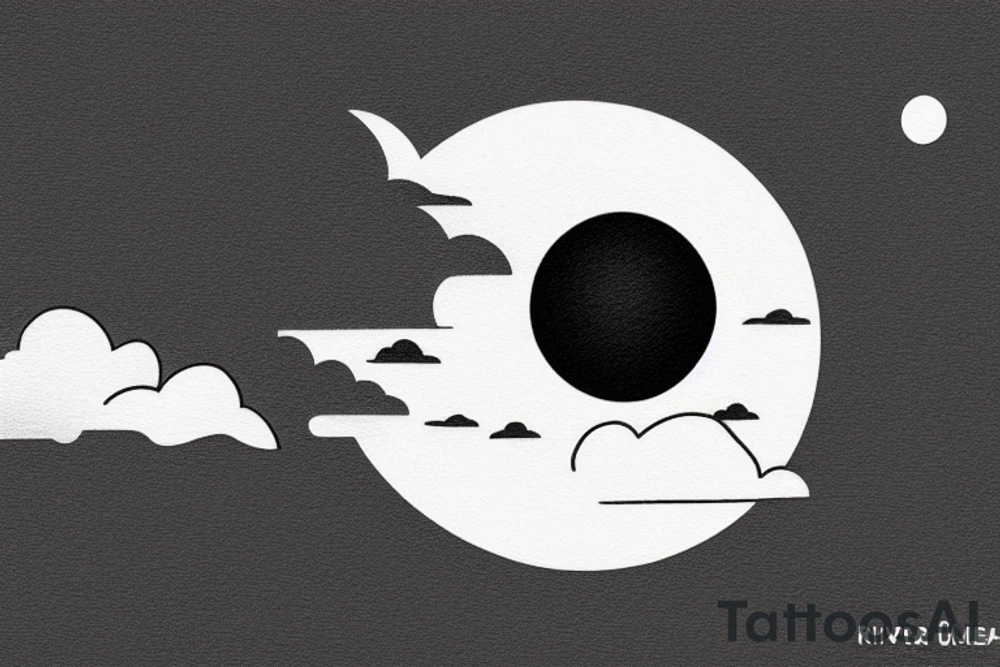 River flowing into clouds and a moon in a circle, small minimalist tattoo tattoo idea