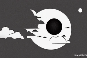 River flowing into clouds and a moon in a circle, small minimalist tattoo tattoo idea