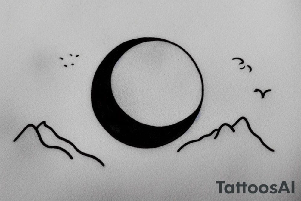 River flowing into clouds and a moon in a circle, small minimalist tattoo tattoo idea