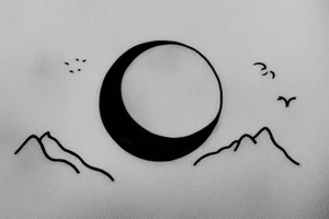 River flowing into clouds and a moon in a circle, small minimalist tattoo tattoo idea