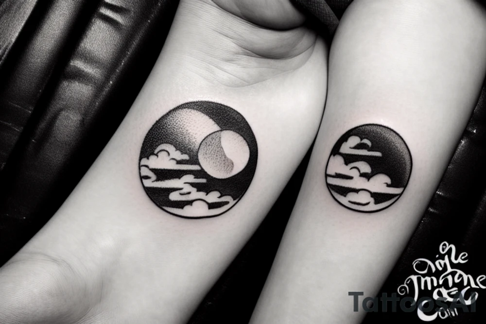 River flowing into clouds and a moon in a circle, small minimalist tattoo tattoo idea