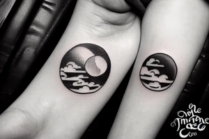 River flowing into clouds and a moon in a circle, small minimalist tattoo tattoo idea