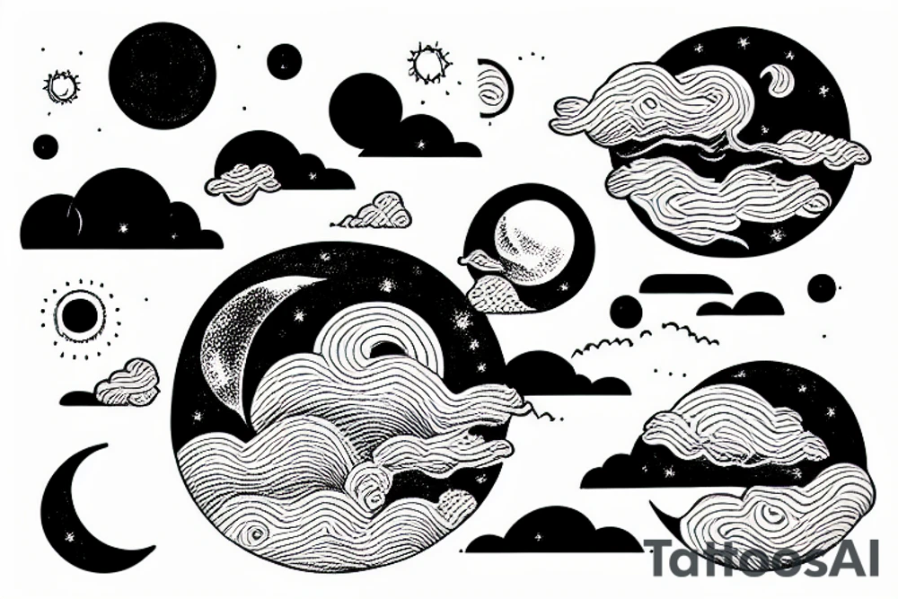 River flowing into clouds and a moon in a circle, small minimalist tattoo tattoo idea