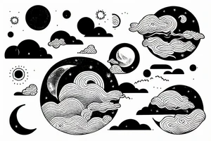 River flowing into clouds and a moon in a circle, small minimalist tattoo tattoo idea