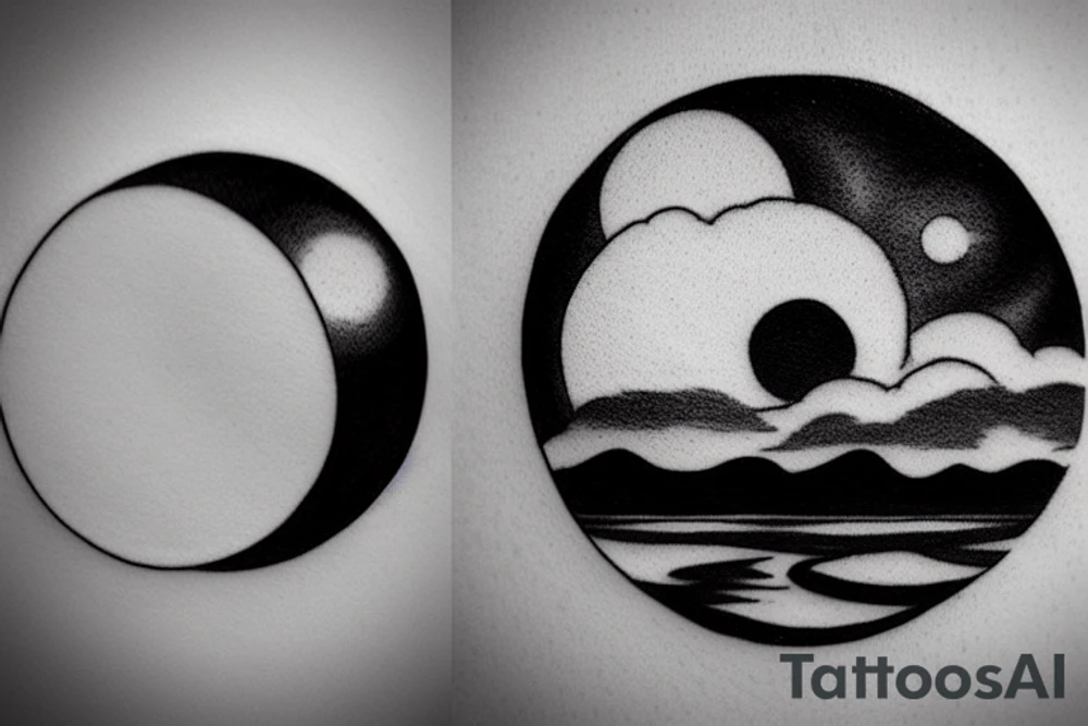River flowing into clouds and a moon in a circle, small minimalist tattoo tattoo idea