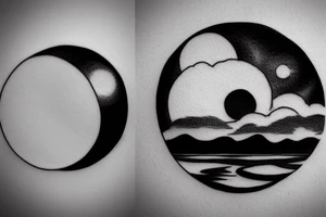River flowing into clouds and a moon in a circle, small minimalist tattoo tattoo idea