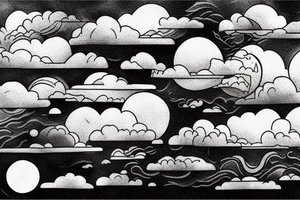 Large River flowing into clouds and a moon, small minimalist tattoo tattoo idea