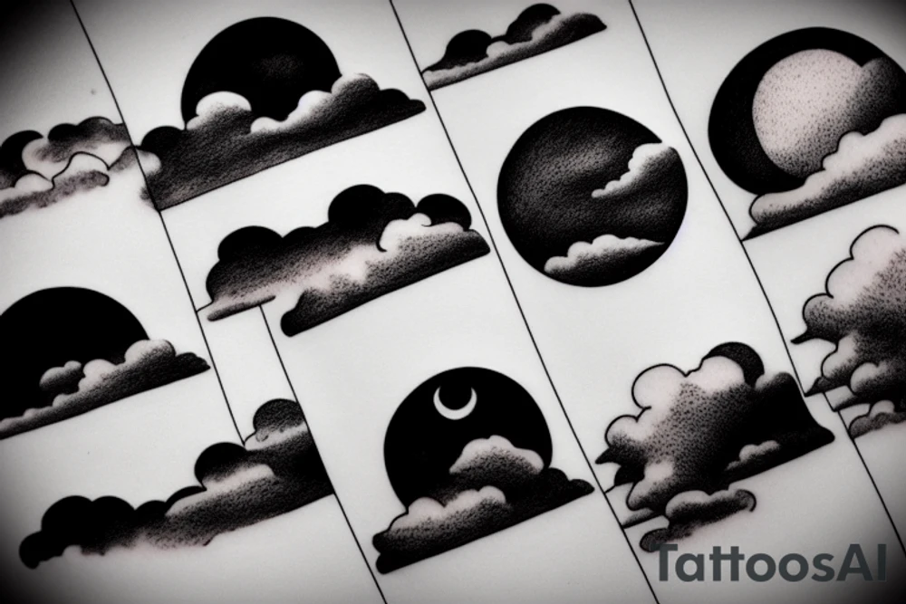 Large River flowing into clouds and a moon, small minimalist tattoo tattoo idea