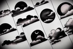 Large River flowing into clouds and a moon, small minimalist tattoo tattoo idea