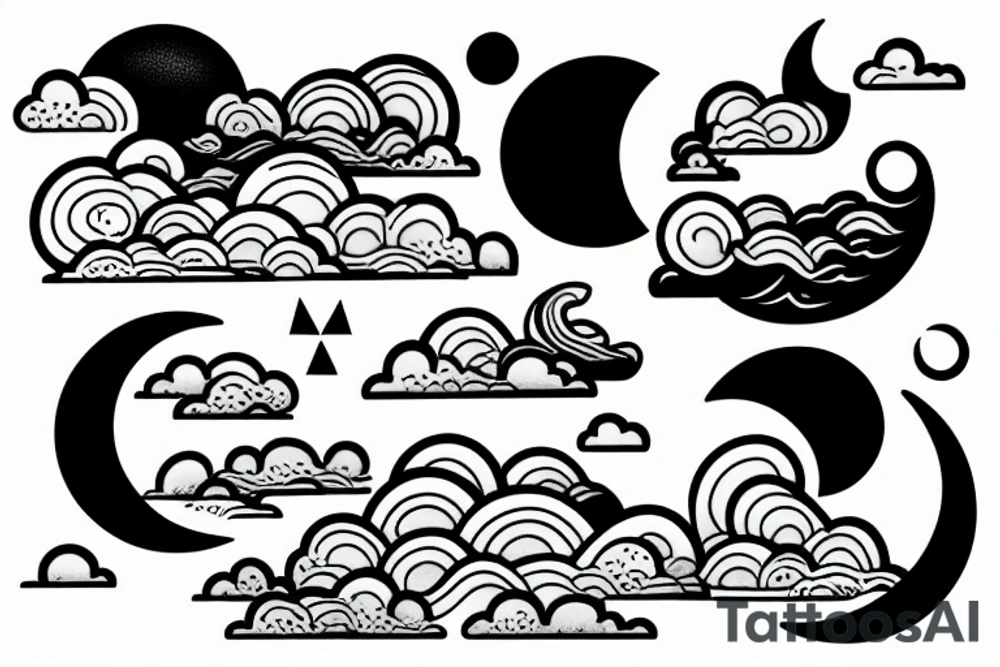 Large River flowing into clouds and a moon, small minimalist tattoo tattoo idea Large River flowing into clouds and a moon, small minimalist tattoo tattoo idea
