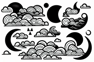 Large River flowing into clouds and a moon, small minimalist tattoo tattoo idea