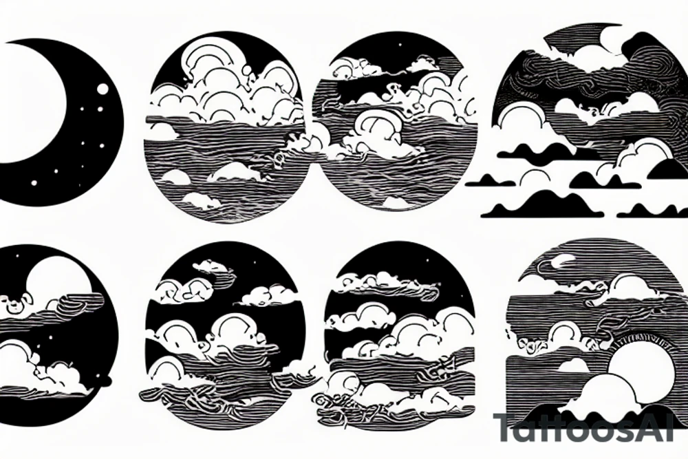 Large River flowing into clouds and a moon, small minimalist tattoo tattoo idea