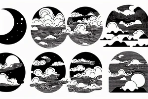 Large River flowing into clouds and a moon, small minimalist tattoo tattoo idea