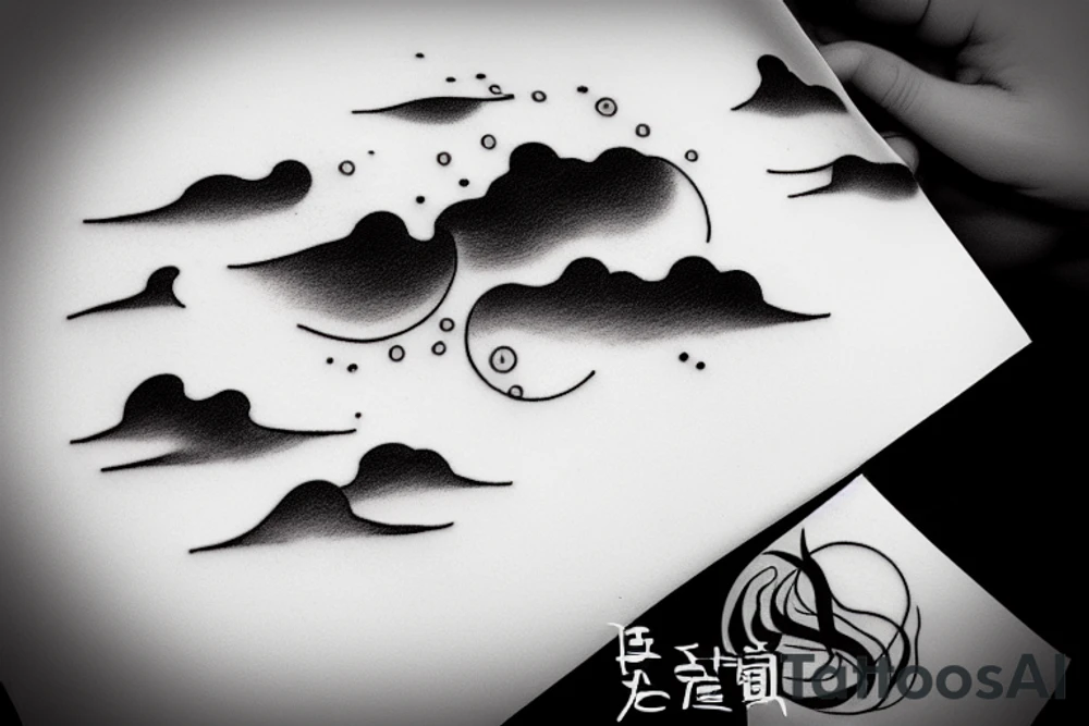 Large River flowing into clouds and a moon, small minimalist tattoo tattoo idea