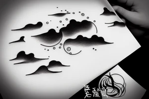 Large River flowing into clouds and a moon, small minimalist tattoo tattoo idea
